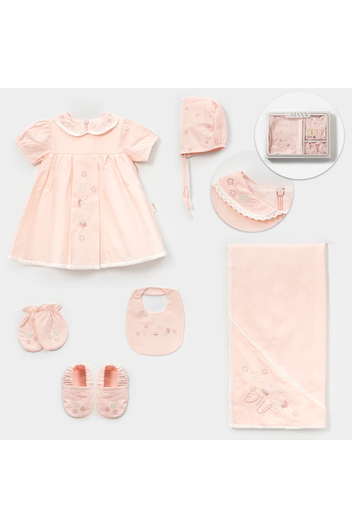 ZEYNUKO KIZ BEBEK %100 PAMUK ÇİÇEK NAKIŞLI ELBİSELİ BATTANİYELİ 6'LI YENİDOĞAN HASTANE ÇIKIŞI ZIBIN SETİ fotoğrafı 4 (önizleme)