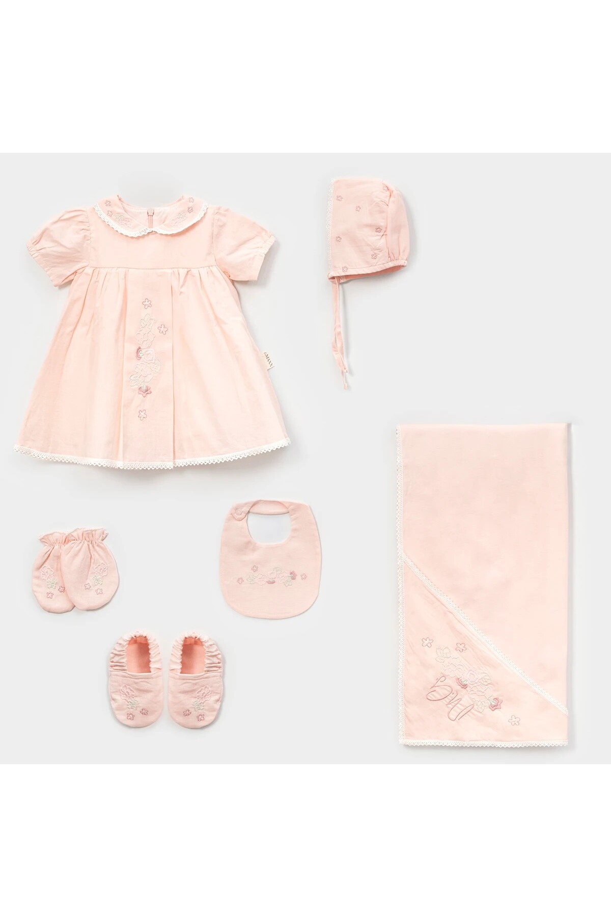 ZEYNUKO KIZ BEBEK %100 PAMUK ÇİÇEK NAKIŞLI ELBİSELİ BATTANİYELİ 6'LI YENİDOĞAN HASTANE ÇIKIŞI ZIBIN SETİ fotoğrafı 2 (önizleme)