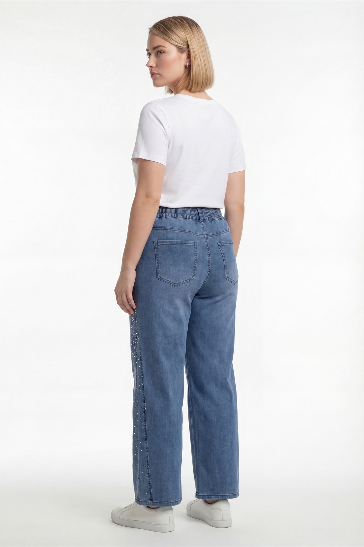 EXİTLİNE  Kadın Lacivert Sezonluk Beli Lastikli Bağcıklı Taşlı Boru Paça Denim Pantolon - Görsel 5