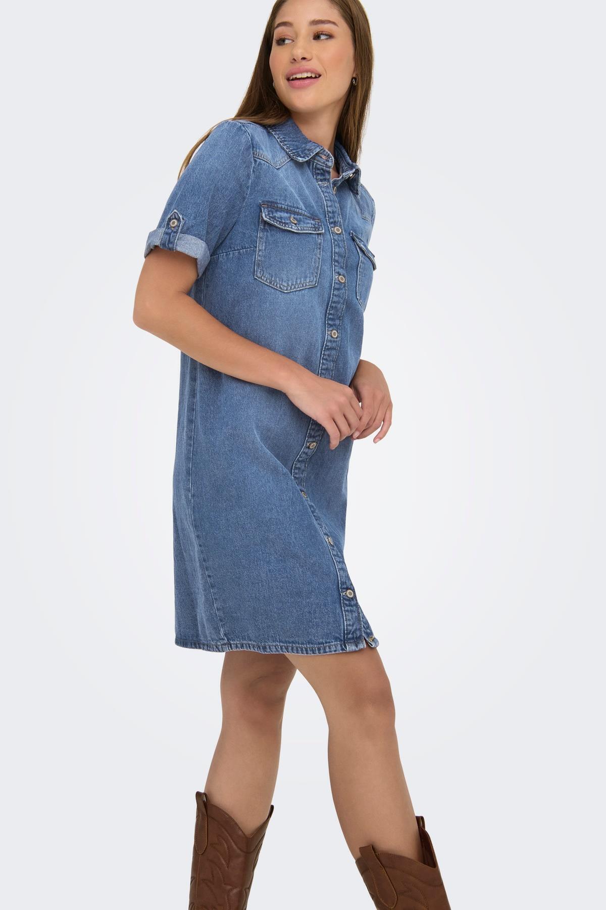 ONLY  ONLLISA Kadın Kot Elbise Kısa Kollu Günlük - Görsel 4