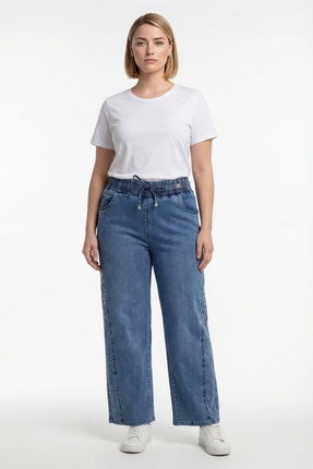 EXİTLİNE Kadın Lacivert Sezonluk Beli Lastikli Bağcıklı Taşlı Boru Paça Denim...