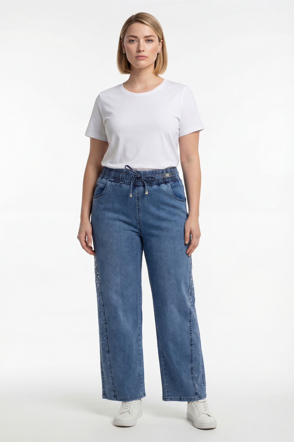 EXİTLİNE  Kadın Lacivert Sezonluk Beli Lastikli Bağcıklı Taşlı Boru Paça Denim Pantolon