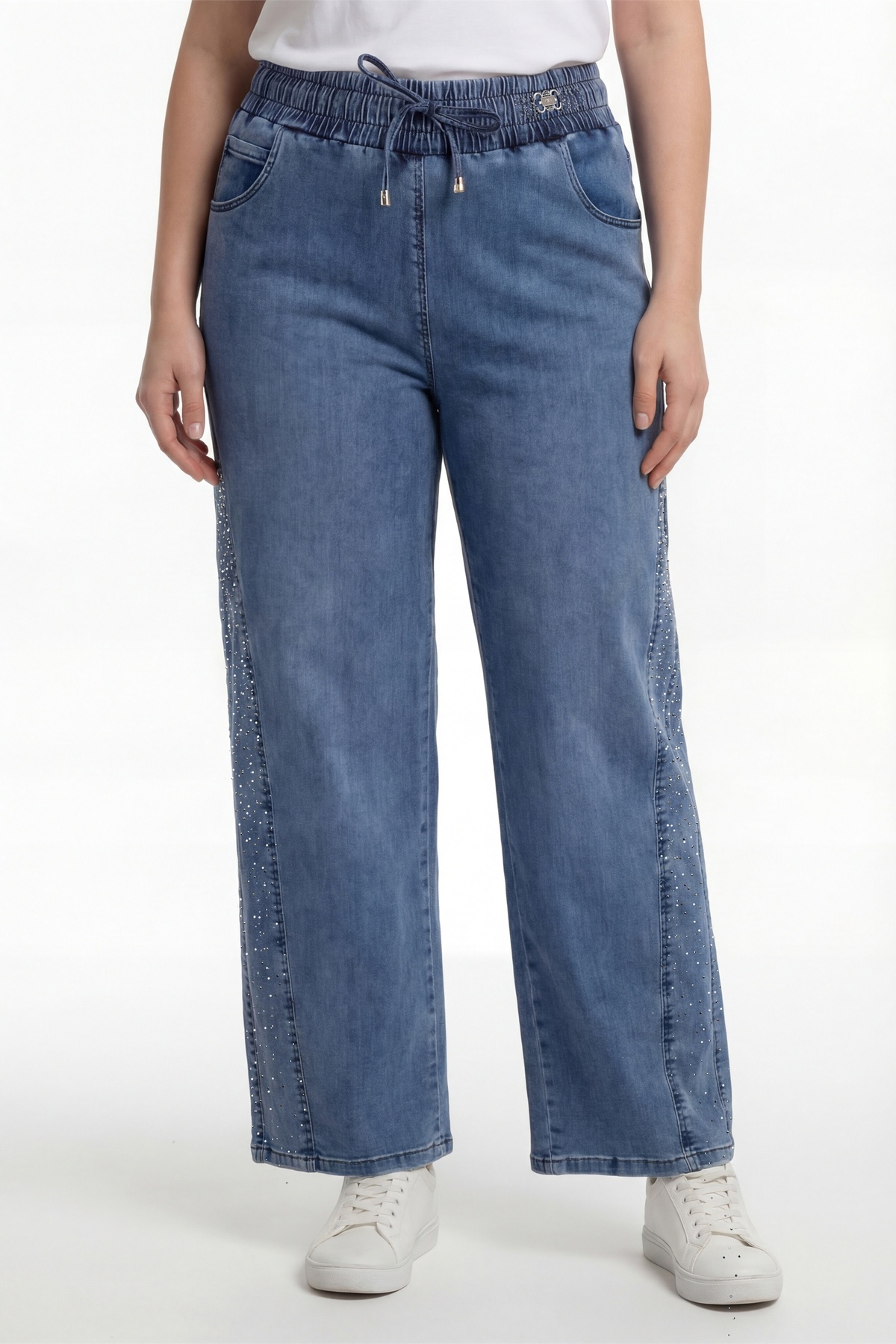 EXİTLİNE  Kadın Lacivert Sezonluk Beli Lastikli Bağcıklı Taşlı Boru Paça Denim Pantolon - Görsel 4