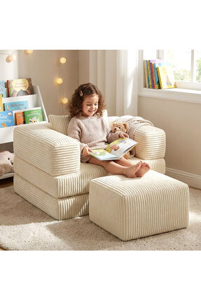 foamly Premium Krem Fitilli Kadife Modüler Çocuk Koltuğu ve Puf Seti - Bebek ...