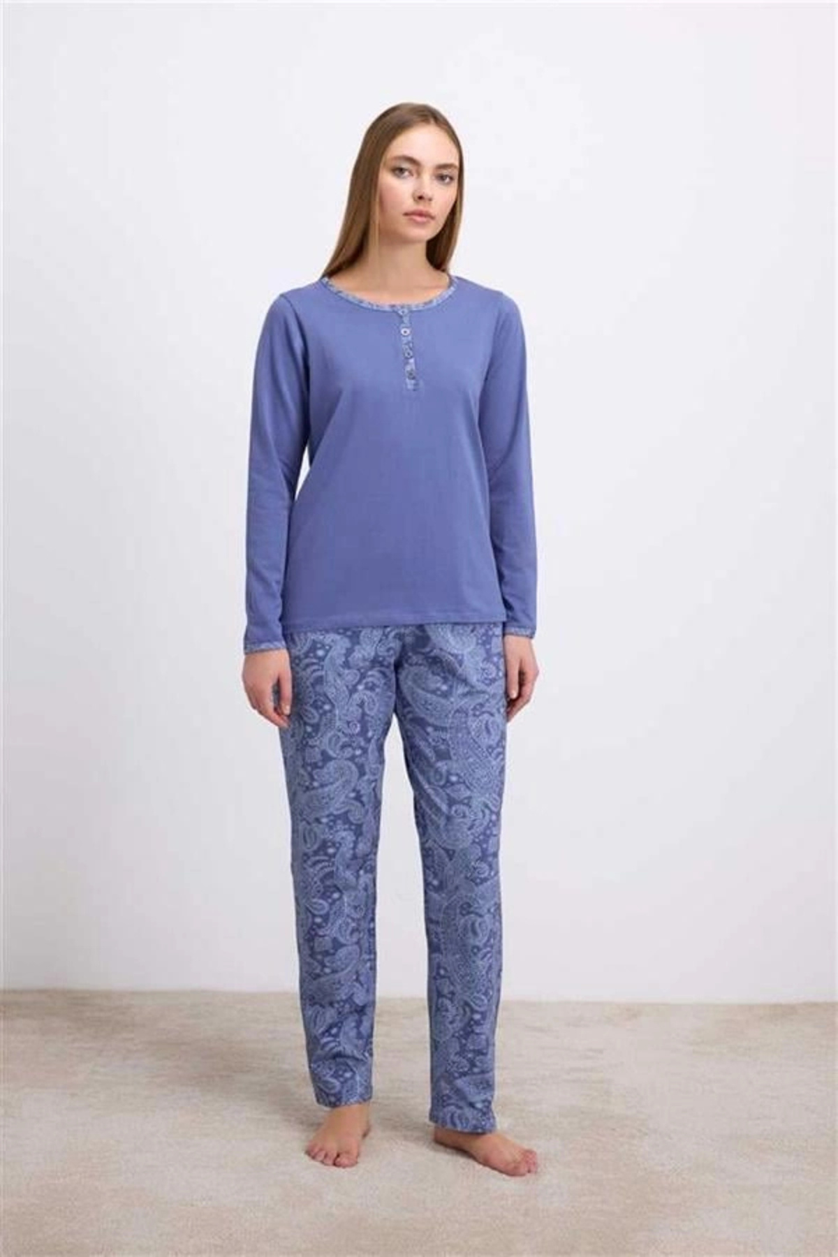 Secretsita %95 Pamuklu Uzun Kollu T-Shirt ve Desenli Pantolon Pijama Takımı