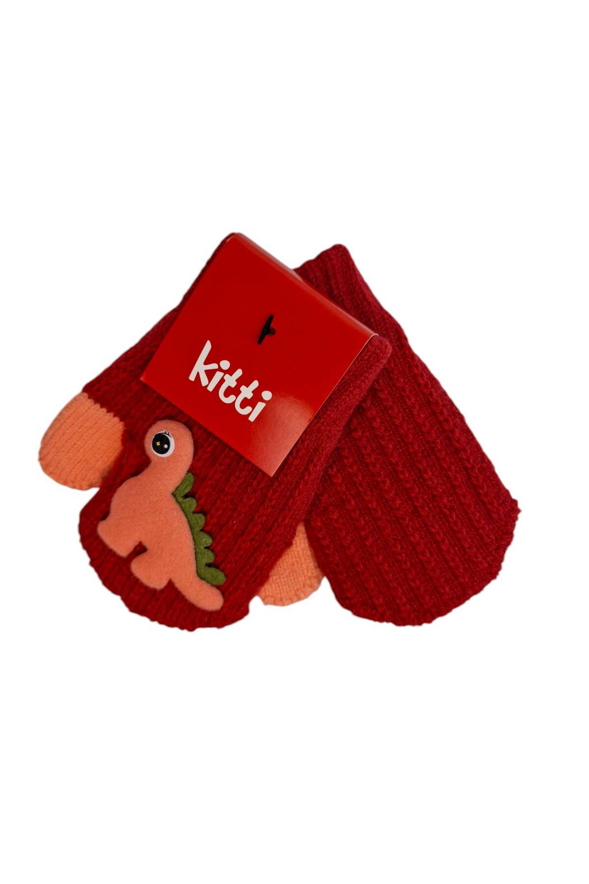 Kitti Spteks 1-3 Yaş Kız Bebe Çocuk Kırmızı Renk Sevimli Dinozor Figürlü Kışlık Örme Eldiven fotoğrafı 5 (önizleme)