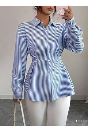 Moda Monisa Mavi Beyaz Çizgili Kadın Gömlek Bel Büzgülü Uzun Kollu Düğmeli Of...