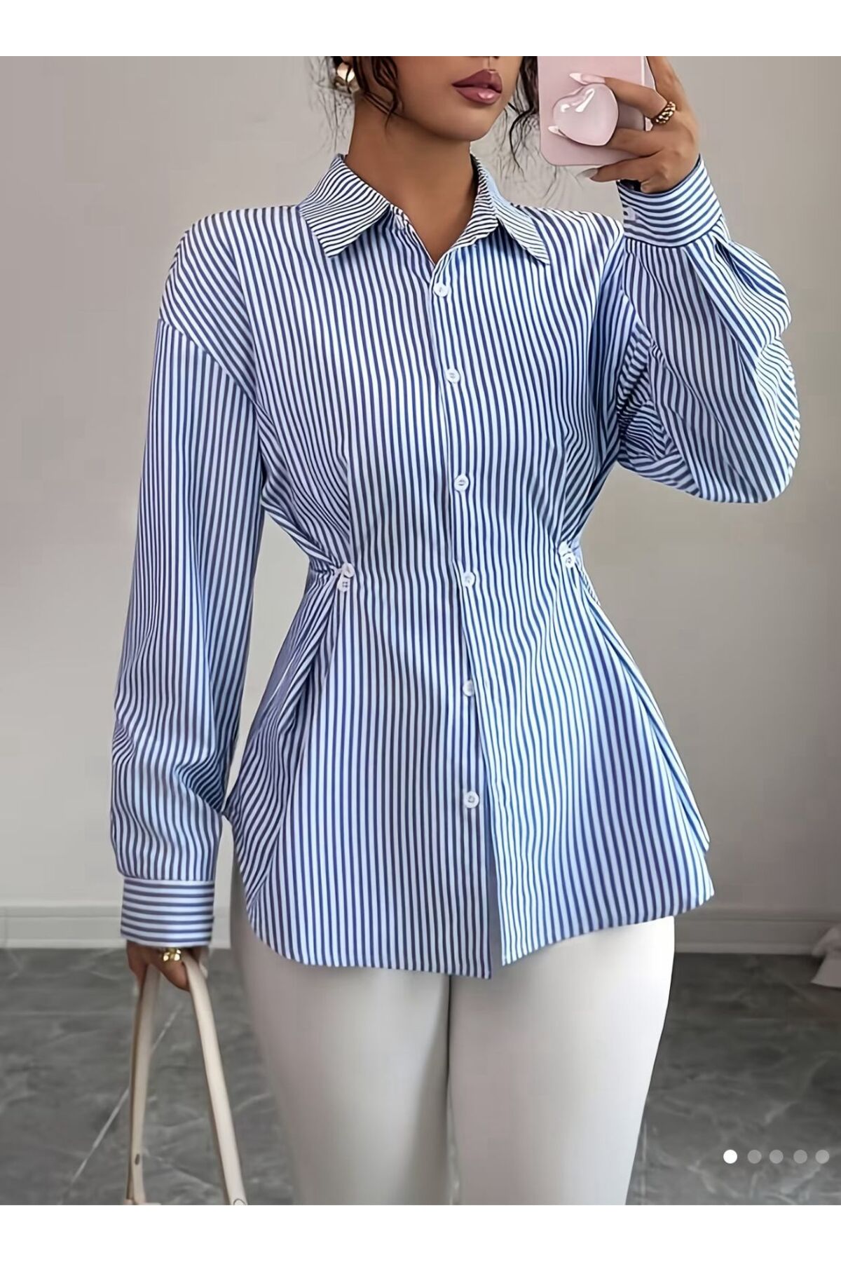 Moda Monisa Plavo-bela Prugasto ženska košulja, struk Naborano, dugi rukavi, ...