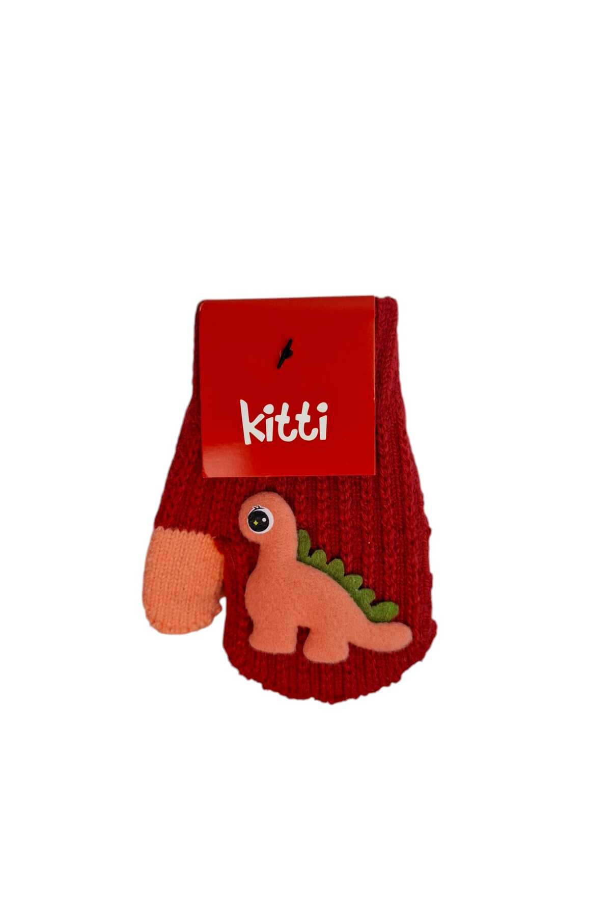 Kitti Spteks 1-3 Yaş Kız Bebe Çocuk Kırmızı Renk Sevimli Dinozor Figürlü Kışlık Örme Eldiven fotoğrafı 3 (önizleme)