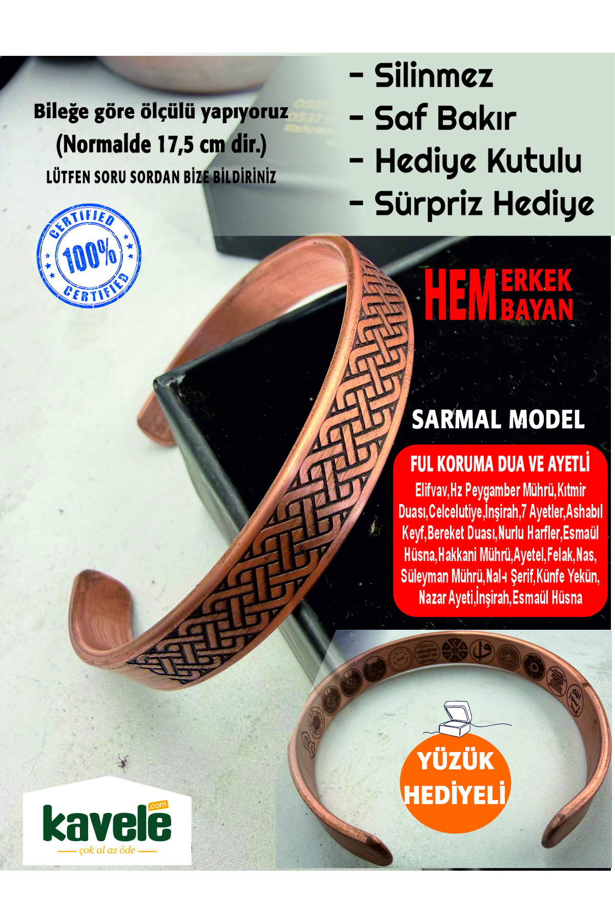 Ham saf bakır Dışı Sarmal İçi Ayetli Bakır Bileklik-Hediyelik Kutuda-Ayetel Kürsi,Felak,Nas,Nazar ve