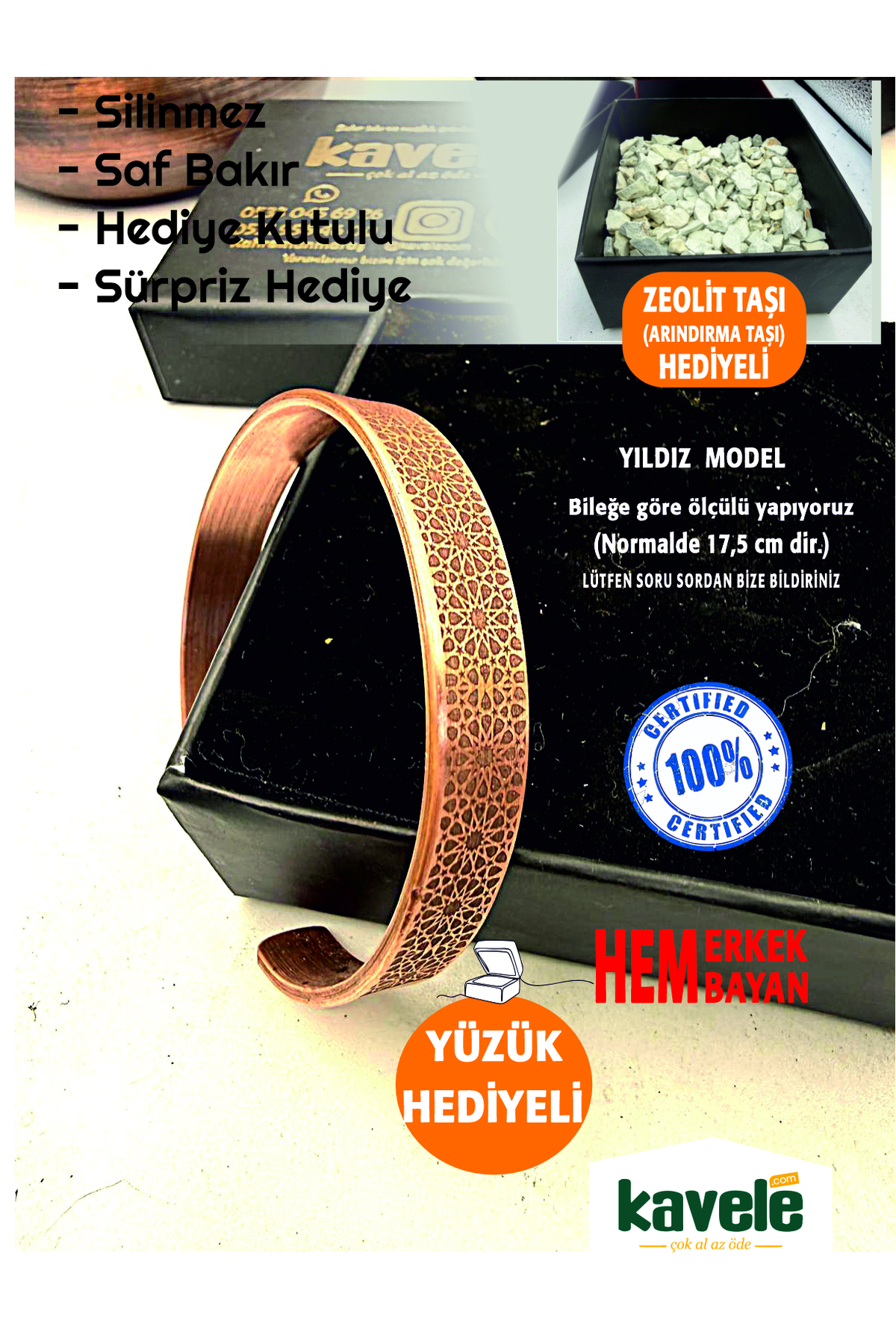 Saf bakır Dışı Yıldız Motifli Bakır Bileklik-Hediyelik Kutuda-