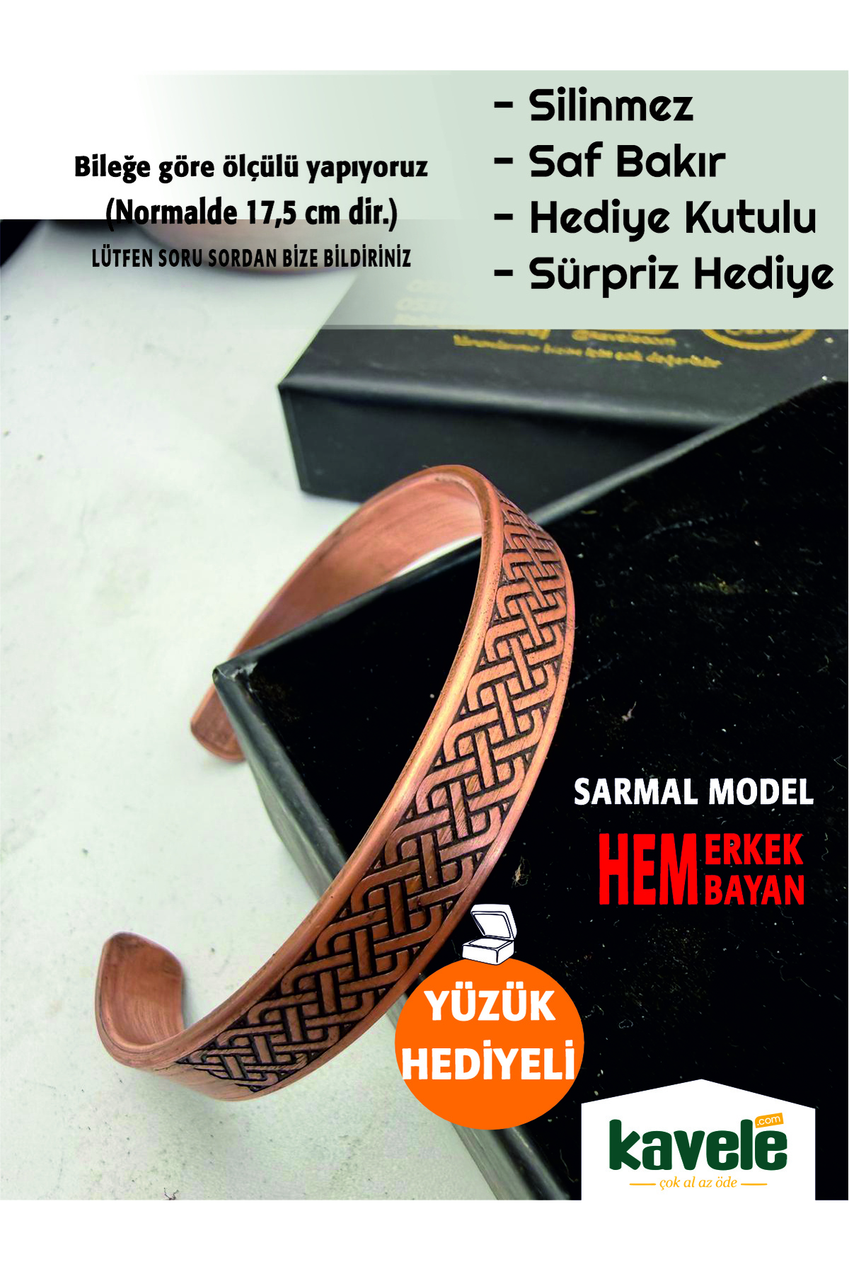 Ham saf bakır Dışı Sarmal Motifli Bakır Bileklik-Hediyelik Kutuda