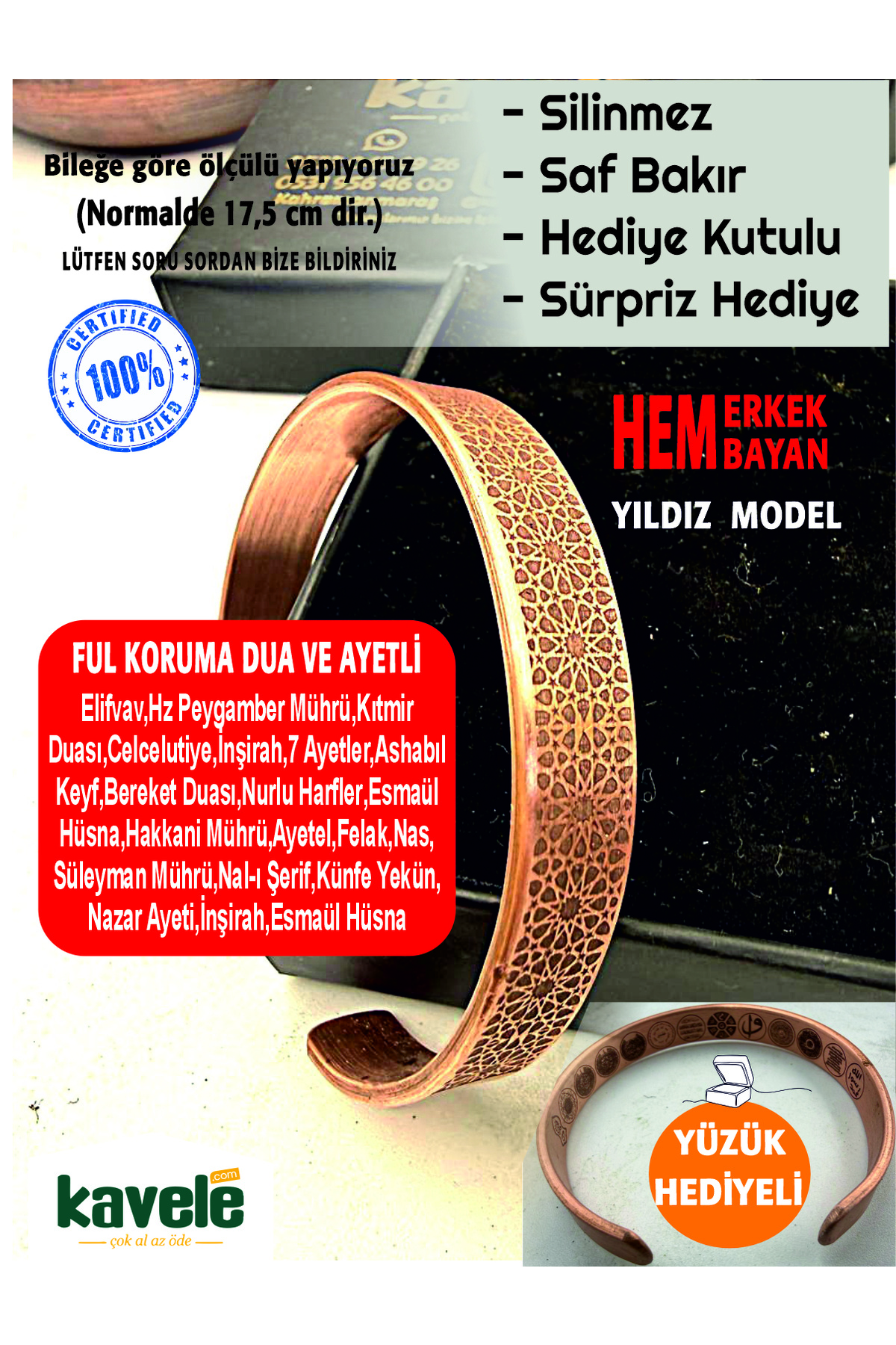 Saf bakır Dışı Yıldız Motifli İçi Ayetli Bakır Bileklik-Hediyelik Kutuda-Ayetel,Felak,Nas,Nazar ve