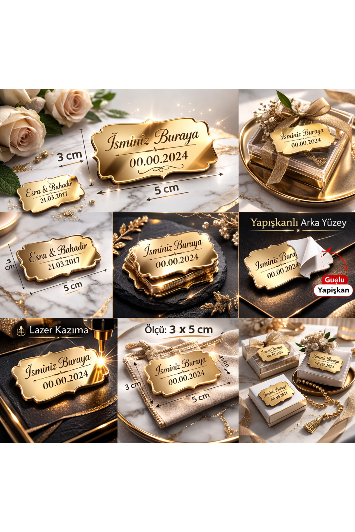 SHR 30 Ad. 3*5 cm İsimlik 1mm Yapışkanlı Gold Pleksi (Yasin