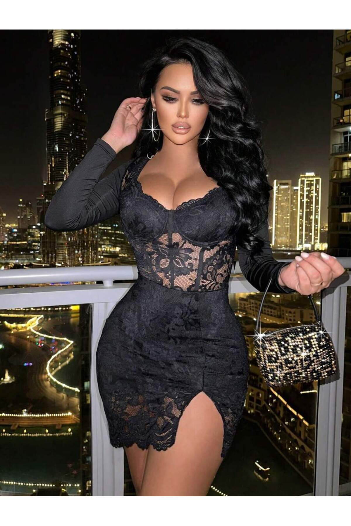 randevu  Cuplu Dantel Detaylı Mini Yırtmaçlı Elbise - Görsel 2