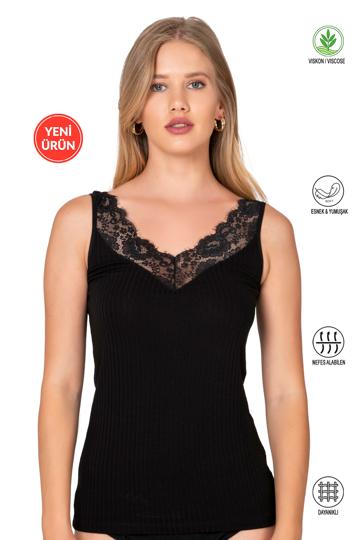 Özkan 27653 Women's Premium Fabric Viscose Camisole Flexible Comfortable Collar Lace Detailed Singlet