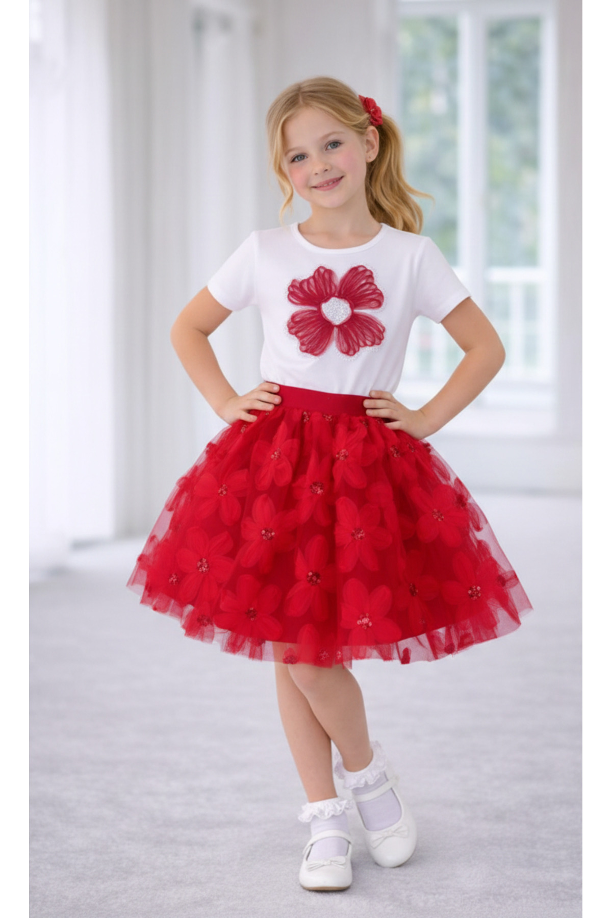 Girl April 23, 29October Showwear Costume Tutu Skirt Short Sleeve Floral Pattern T-Shirt Set001