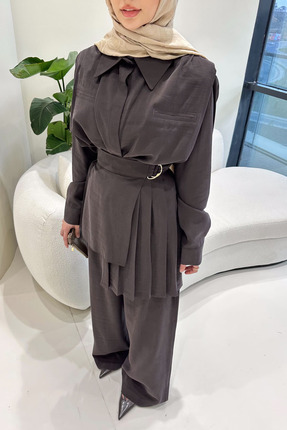 Ovn. Lynara Yakalı Bluz Pantolon Etek Takım - Kahverengi