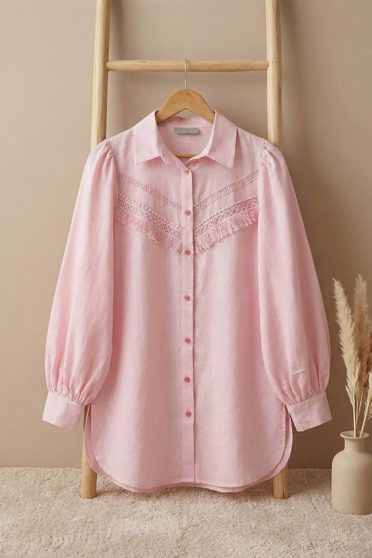 Women's Guipure Raw Linen Balloon Sleeve Tunic Shirt - Powder