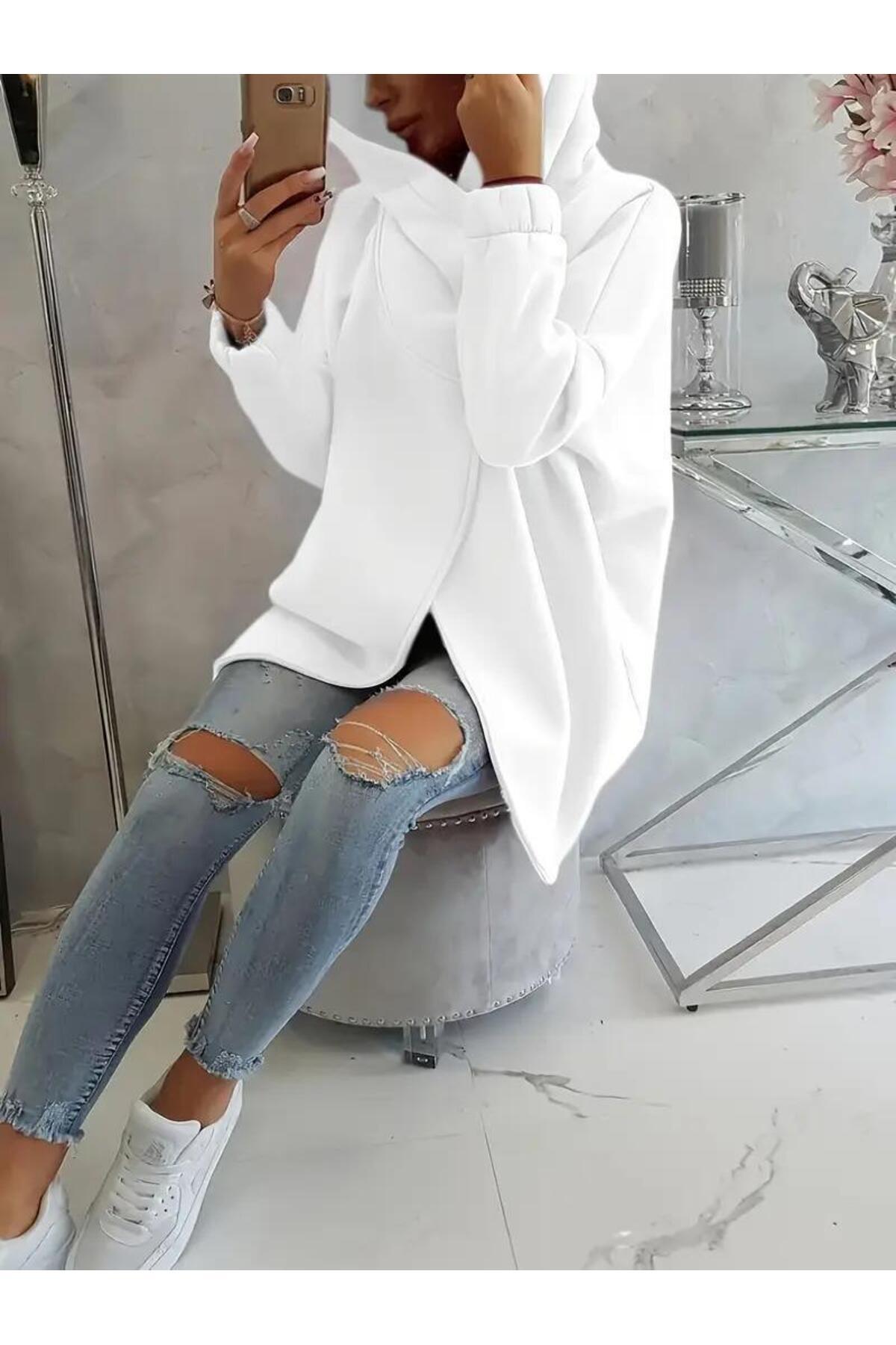 Afri Beyaz Krem Kadın Asimetrik Fermuarlı Oversize Kapüşonlu Sweatshirt, Kalın Kumaş, Rahat Günlük Tarz görsel 2