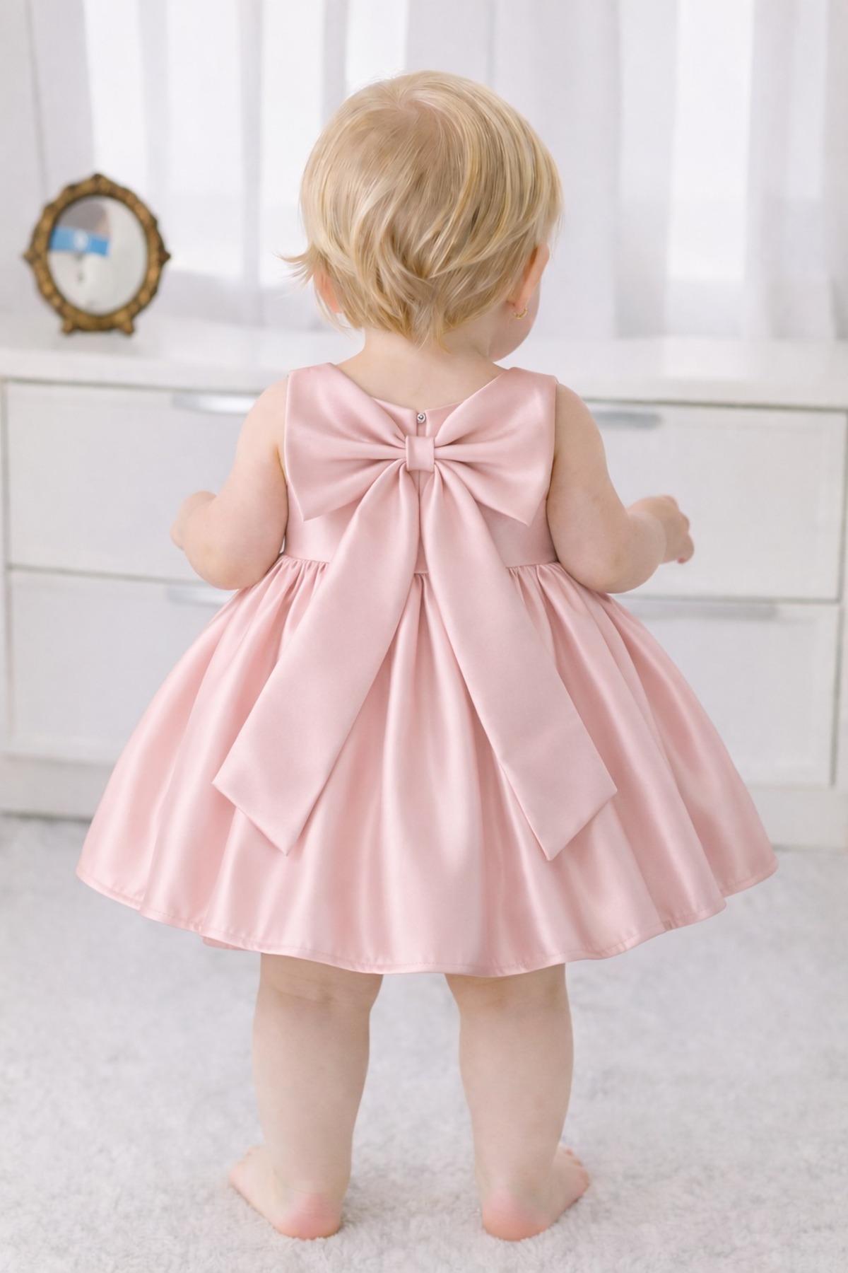 SUNEH Kız Bebek Pudra Pembe Kare Yaka ,Fiyonk Detaylı Doğum Günü , Party Elbise fotoğrafı 2 (önizleme)