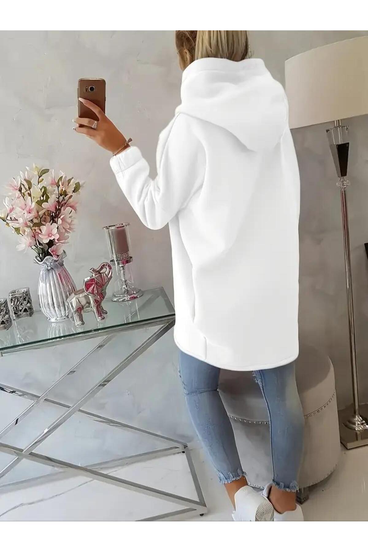 Afri Beyaz Krem Kadın Asimetrik Fermuarlı Oversize Kapüşonlu Sweatshirt, Kalın Kumaş, Rahat Günlük Tarz görsel 3
