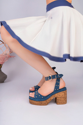 NOSEY SHOES GRACE MODEL HAKİKİ DERİ KOT MAVİ ÇAKMA TROP DETAYLI BİLEKTEN DOLA...