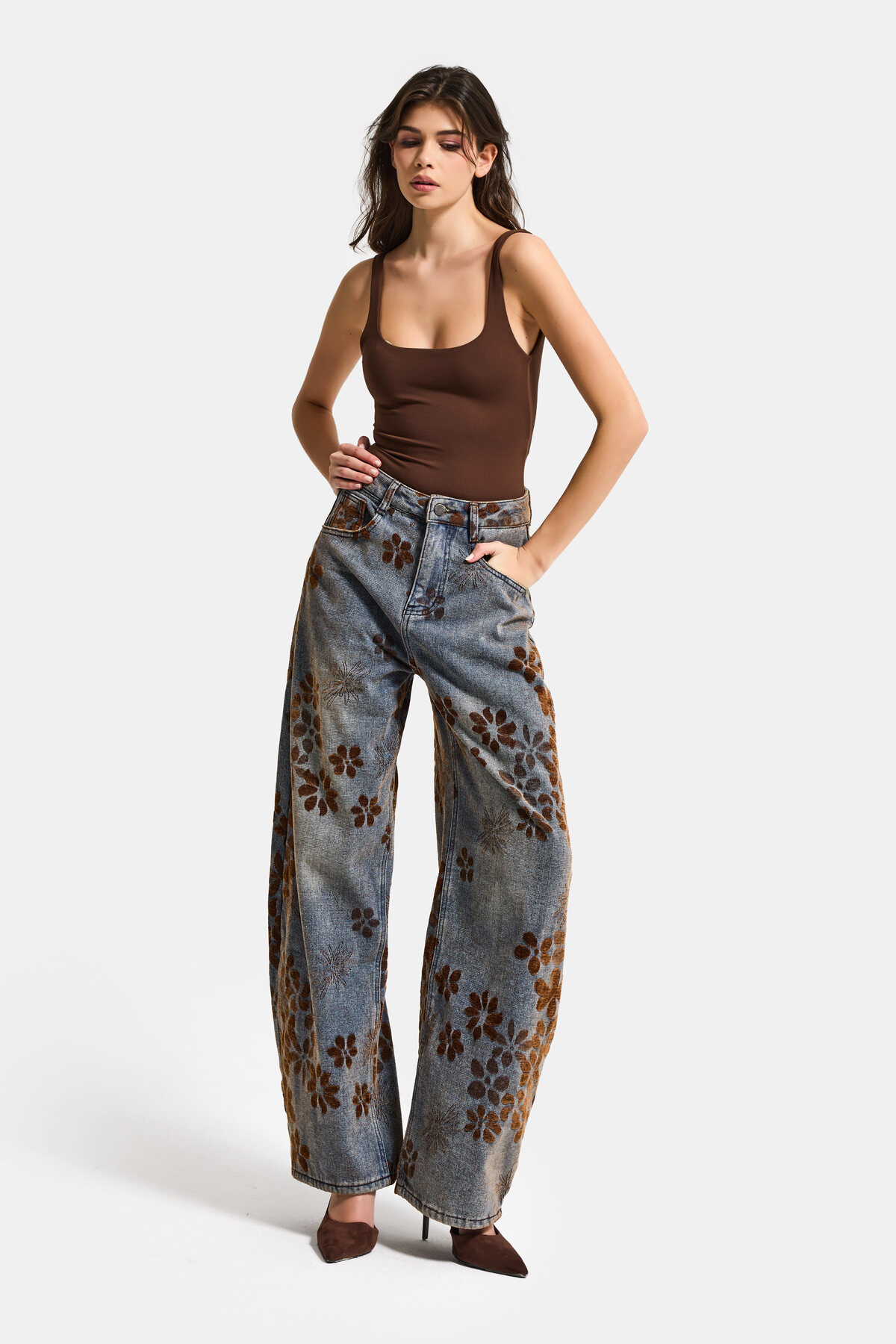 it's basic  Kadın T.Kot Rengi s5-8 Özel Flok Desenli Skater Fit Tasarım Denim Jean - Görsel 8