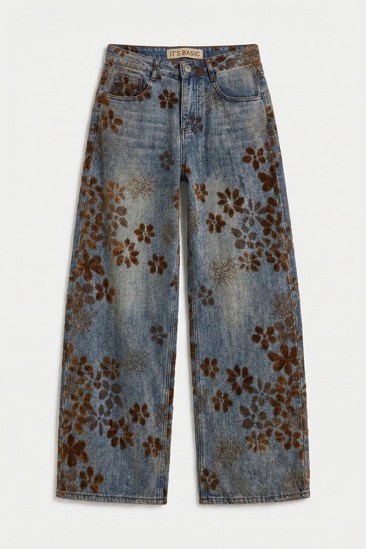 it's basic  Kadın T.Kot Rengi s5-8 Özel Flok Desenli Skater Fit Tasarım Denim Jean - Görsel 5