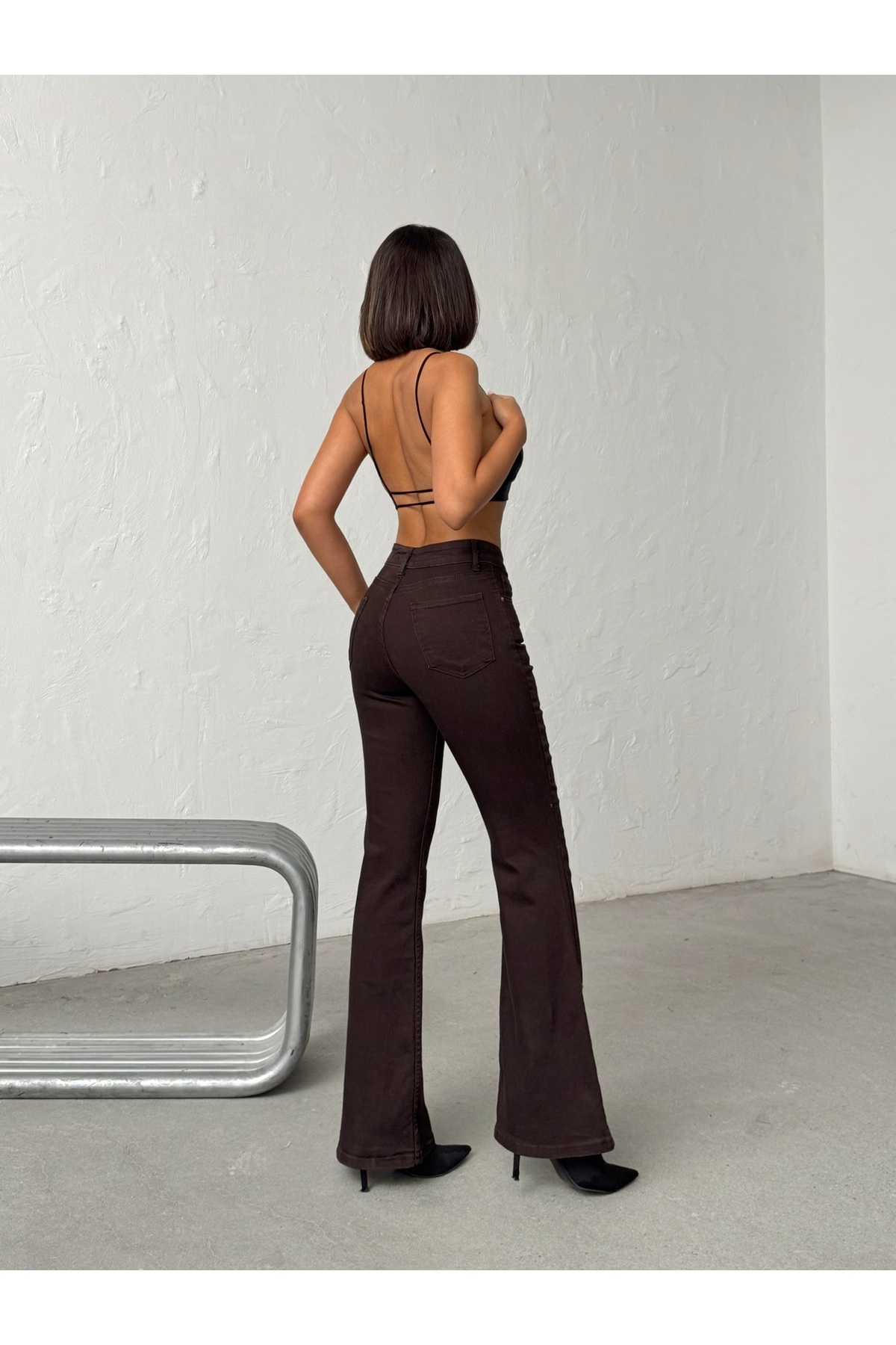 Swet Shop Jeans  Kadın Yüksek Bel Likralı Acıkahve İspanyol Paça Jean Pantolon - Görsel 4