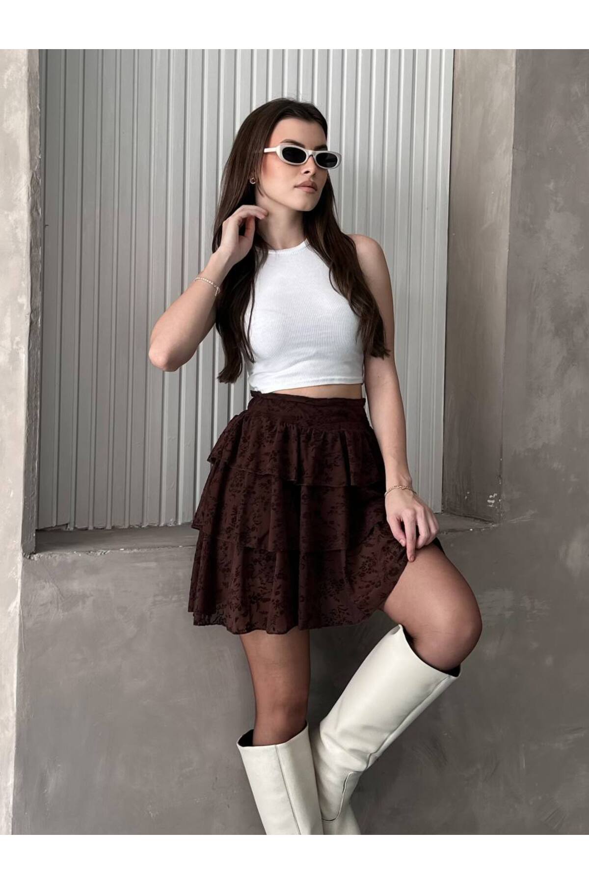 Women's Lace Patterned Skort Brown - Görsel 3