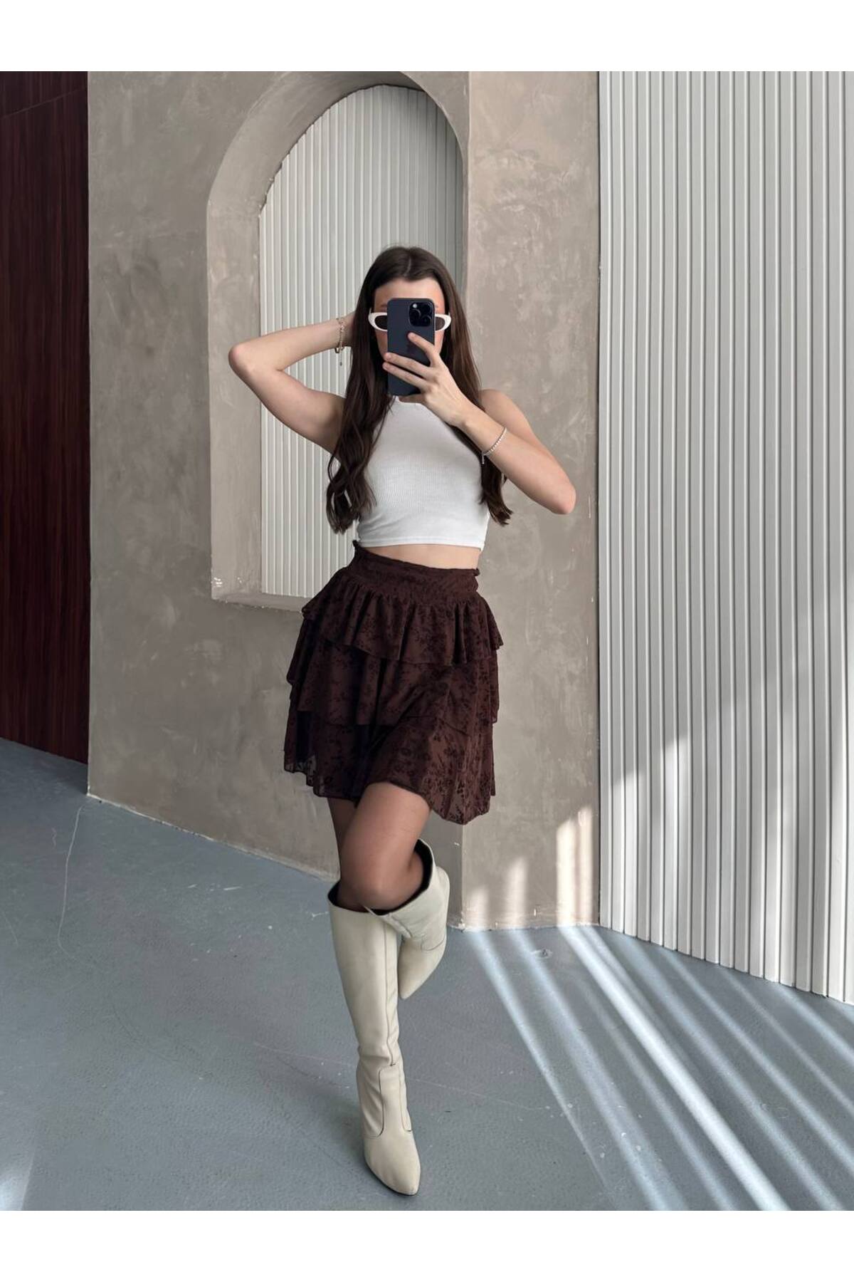 Women's Lace Patterned Skort Brown - Görsel 5