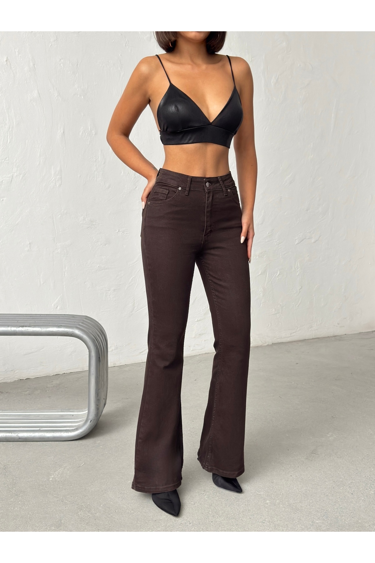 Swet Shop Jeans  Kadın Yüksek Bel Likralı Acıkahve İspanyol Paça Jean Pantolon - Görsel 6