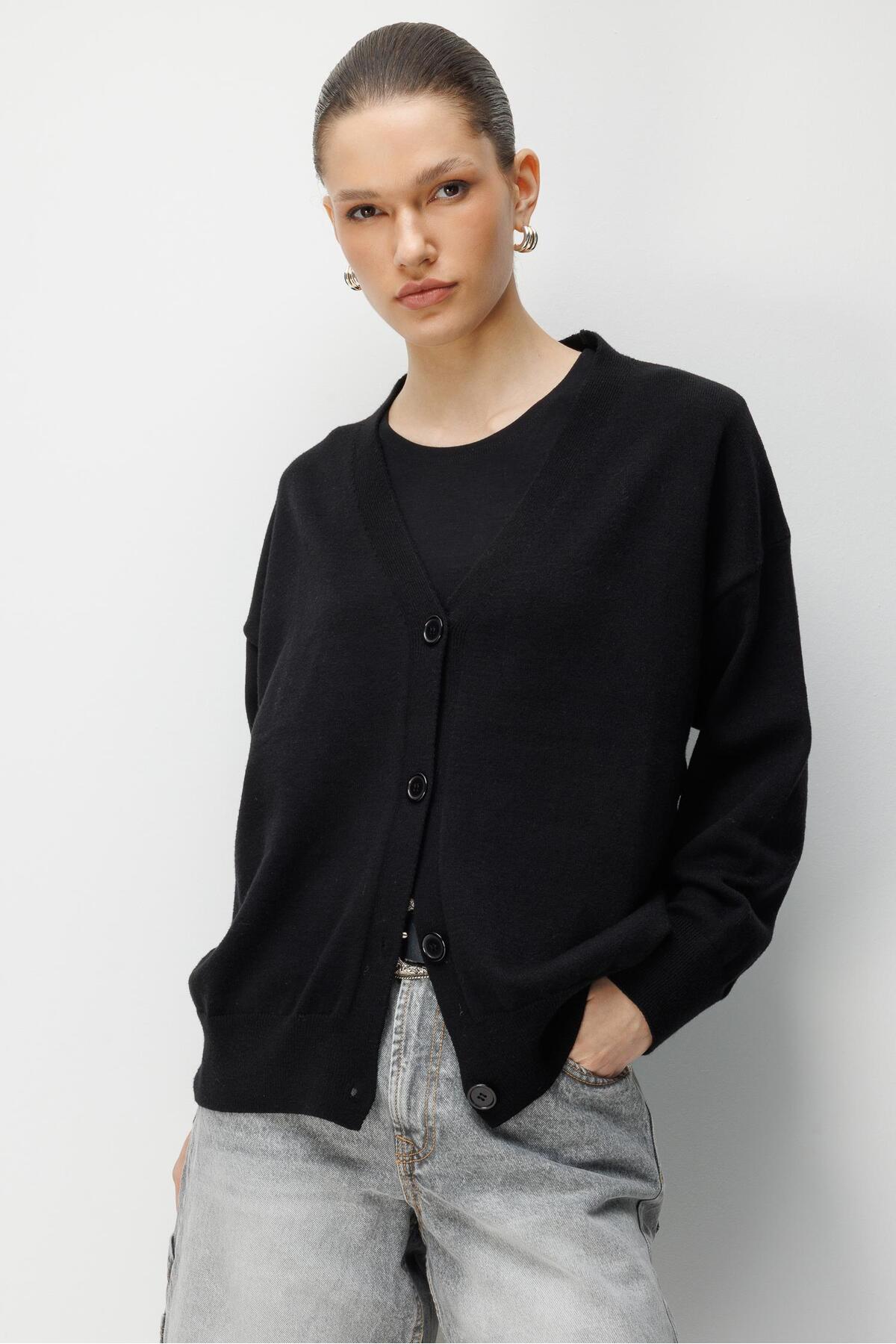 Mixray  7023 Kadın Düğmeli Basic Premium Hırka Siyah - Görsel 2