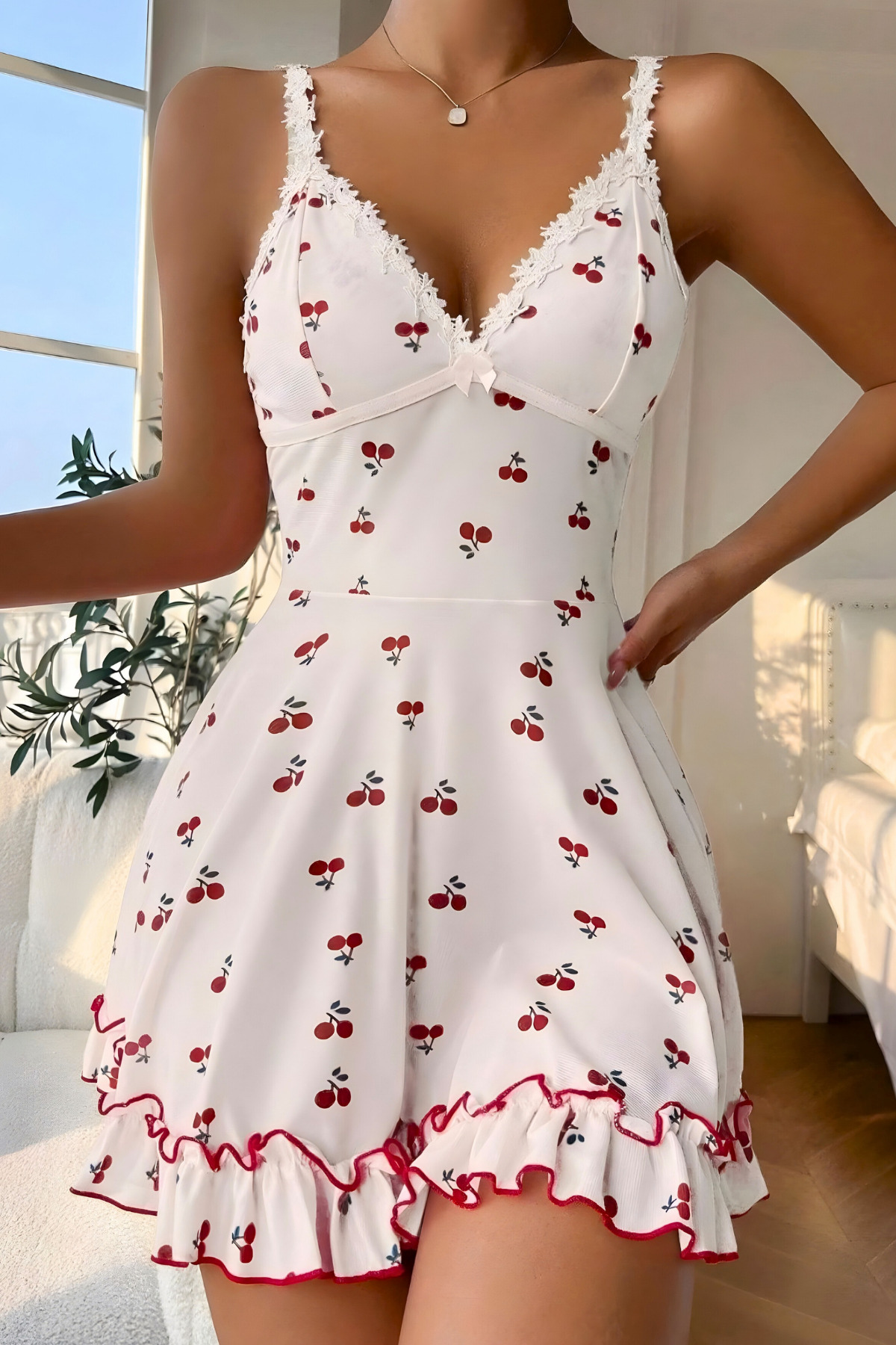 Homay 2'li Kiraz Desenli Dantel Detaylı Likralı Gecelik ve Slip Takımı