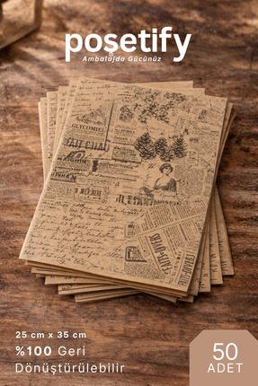 POŞETİFY Vintage Gazete Desenli Sunum Kağıdı |50 Adet| Sunumluk Yağlı Kağıt 2...