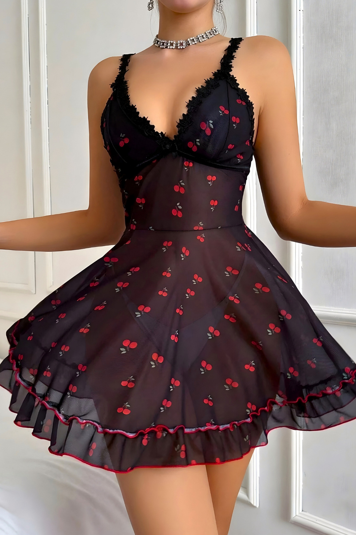 Homay 2’li Kiraz Desenli Dantel Detaylı Transparan Likralı Gecelik ve Slip Takımı