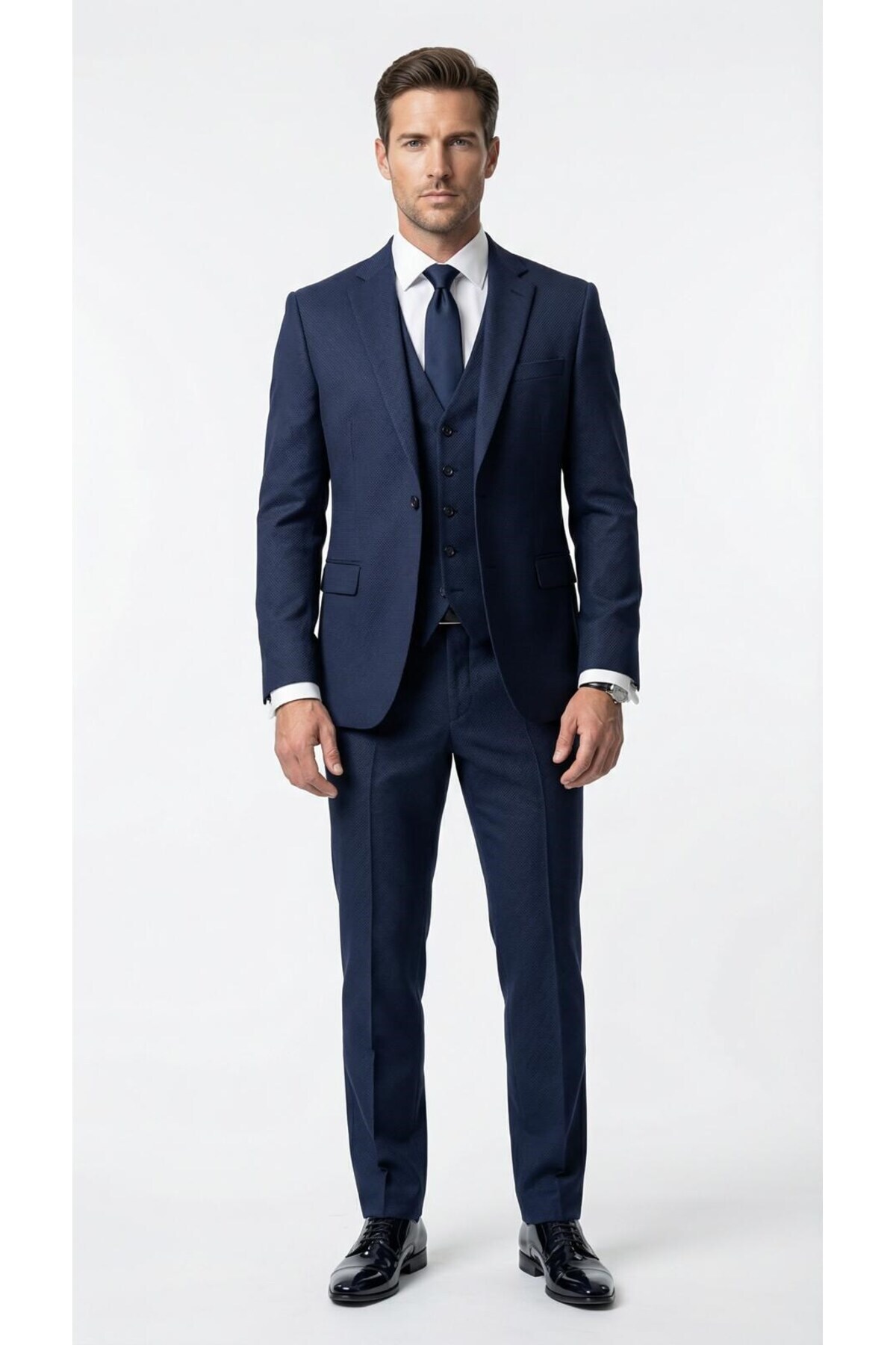 Plus Scorpion  Erkek Klasik Slim Fit Armürlü Kumaş Tek Düğmeli Çift Yırtmaçlı Klasik Yaka Takım Elbise 7 Drop