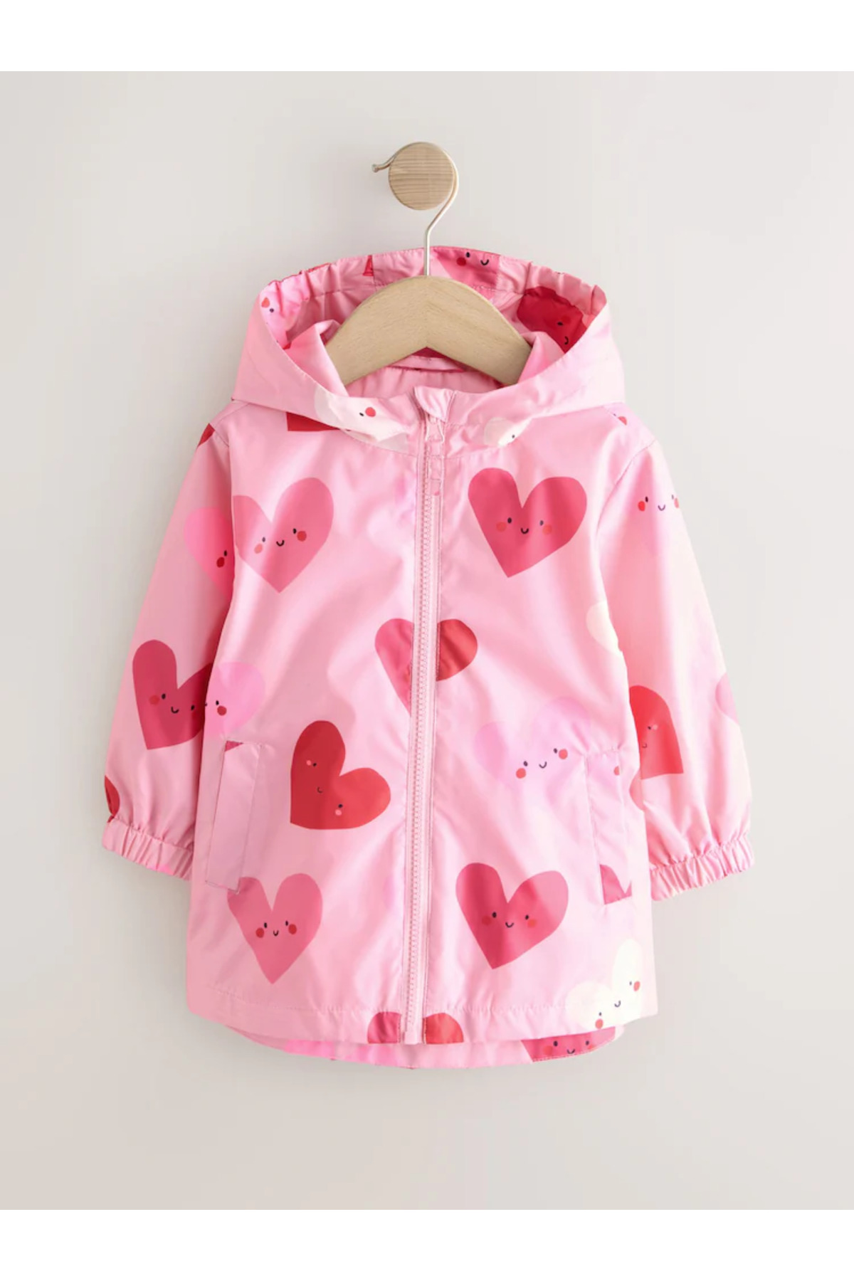 Next Baby %100 Organik Pamuk Kapüşonlu Pembe Kalp Desenli Su Geçirmez Çocuk Mont Yağmurluk ALYH47331 fotoğrafı 3 (önizleme)