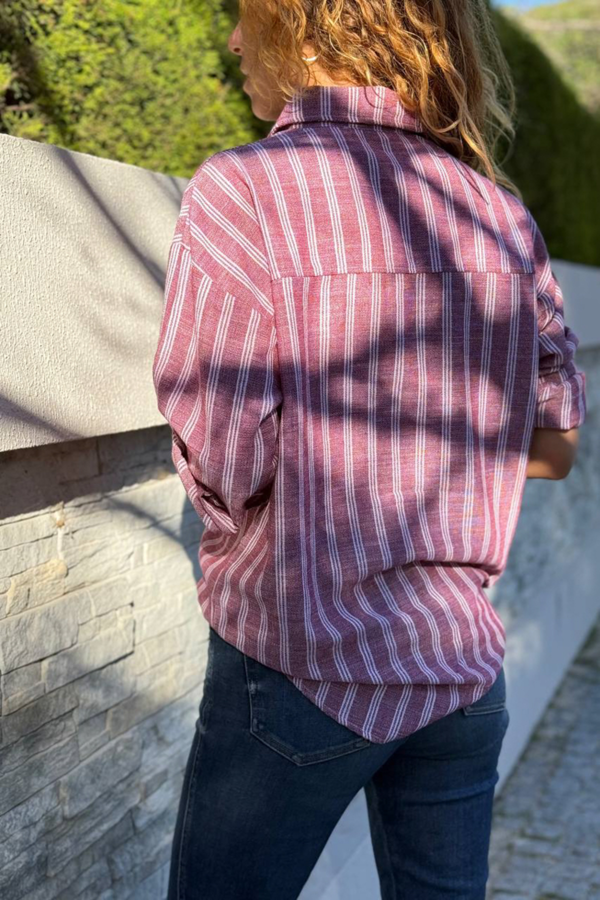 Güneşkızı  Bordo Çizgili Cepli Pamuklu Salaş Dokuma Gömlek 70 50 - Görsel 2