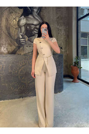 missswans Vernosi Önü Düğme Detaylı Gold Zincir Kemerli V Yaka 2li Ceket Pant...
