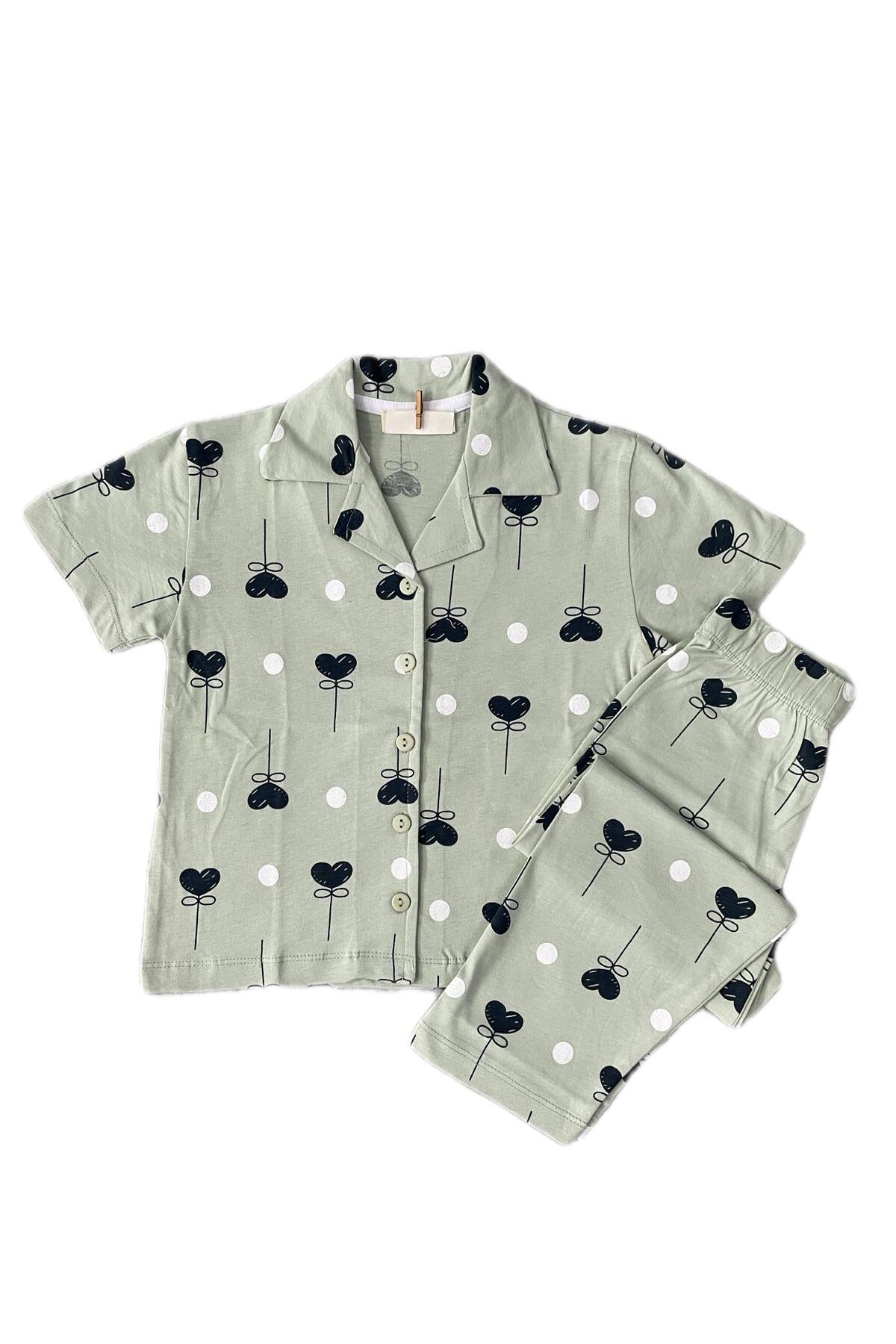 byalisdmr KIZ ÇOCUK PİJAMA TAKIMI YEŞİL %100 PAMUK SÜPREM KUMAŞ KALP DESEN KISA KOLLU GÖMLEK YAKA fotoğrafı 2 (önizleme)