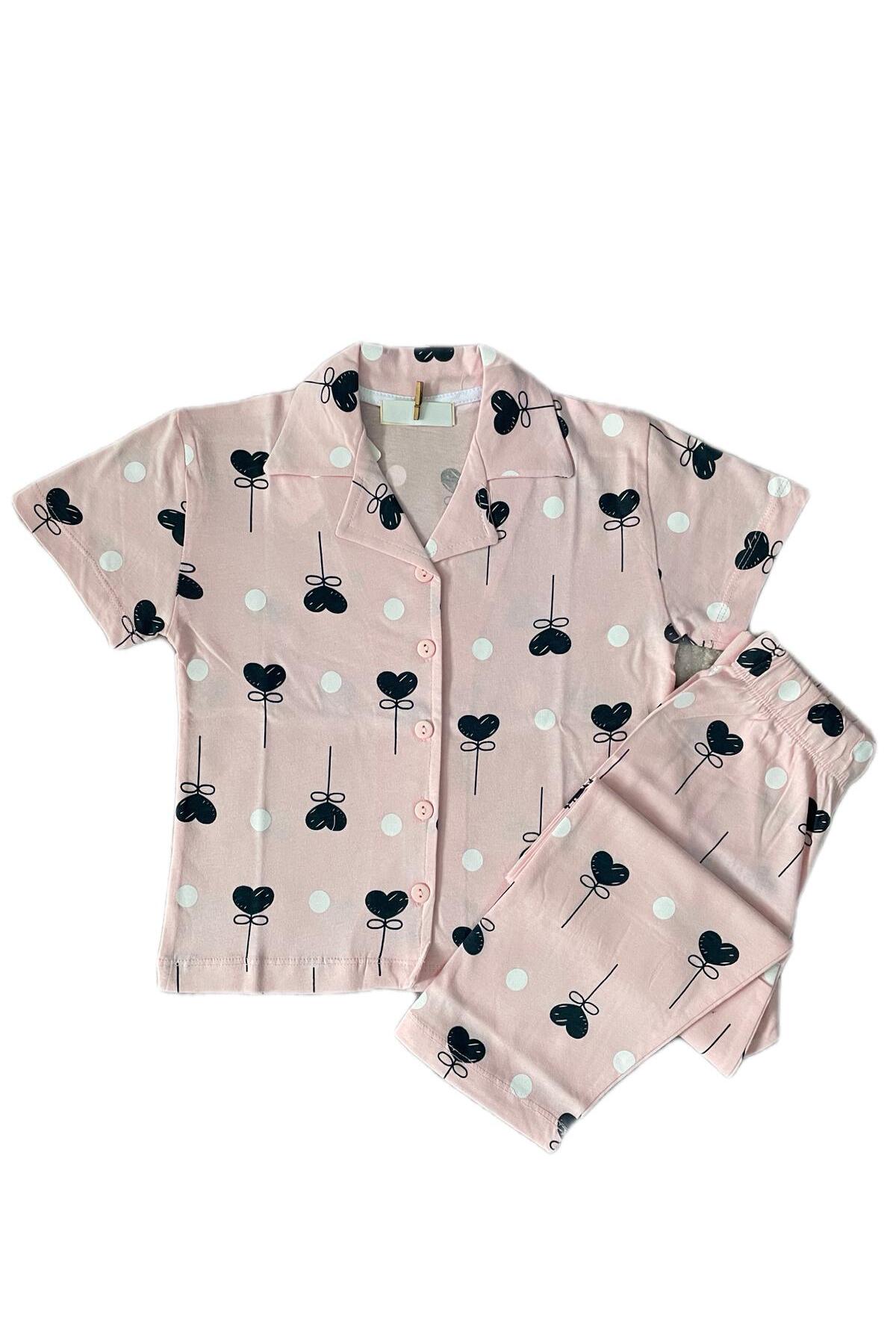 byalisdmr KIZ ÇOCUK PİJAMA TAKIMI PEMBE %100 PAMUK SÜPREM KUMAŞ KALP DESEN KISA KOLLU GÖMLEK YAKA fotoğrafı 2 (önizleme)