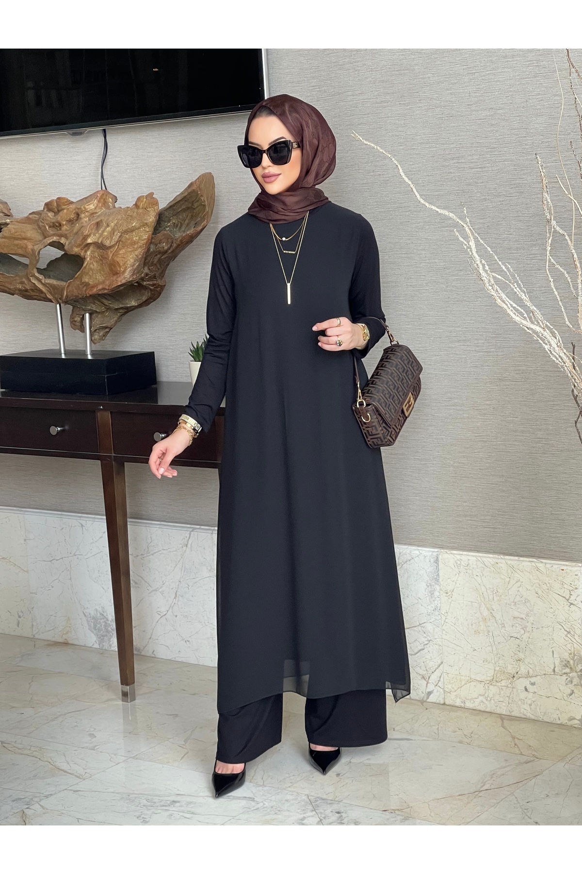 Mürdüm butik Pamuk/Viskon ve Şifon Kumaşlı İkili Takım-Siyah görsel 5