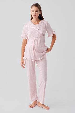 Artış Kısa Kollu Emzirme Bölmeli Ayarlanabilir Bel Pamuklu Hamile Pijama Takım