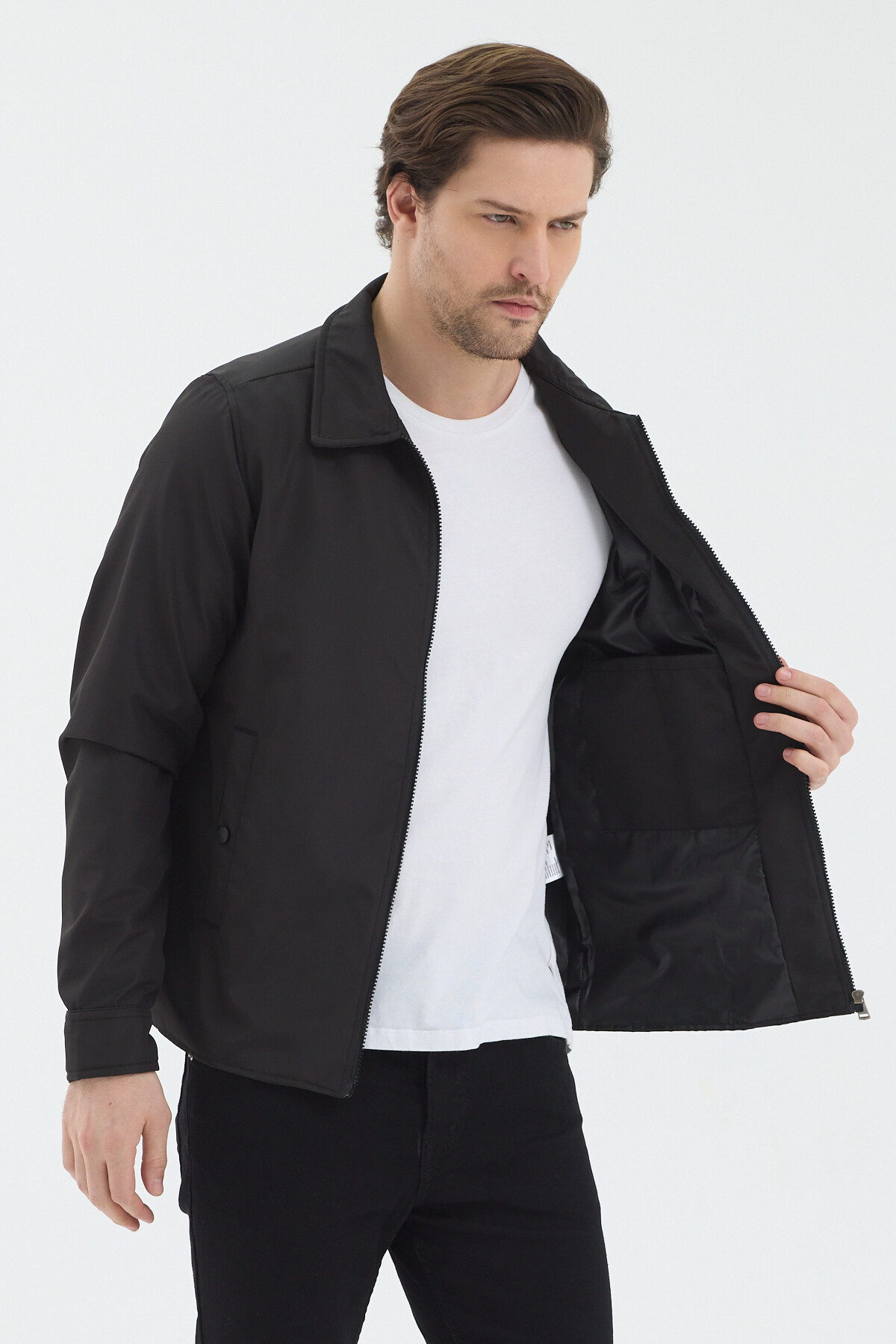 LEVEL HİGH Erkek Siyah Polo Yaka Basic Fermuarlı Mevsimlik Ceket görsel 2