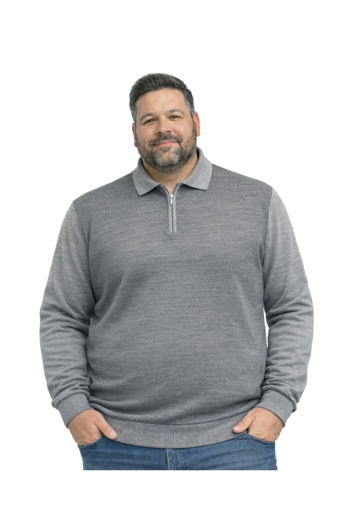 BattalModa Erkek Büyük Beden Gri Polo Yaka Fermuarlı Triko Kazak 5XL-6XL-7XL-8XL