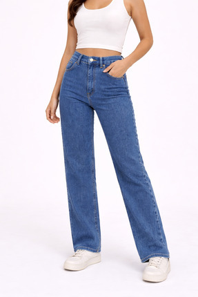Lighter Jeans Kadın Orta Mavi Yüksek Bel Straight Fit Wide Leg Jean Pantolon ...