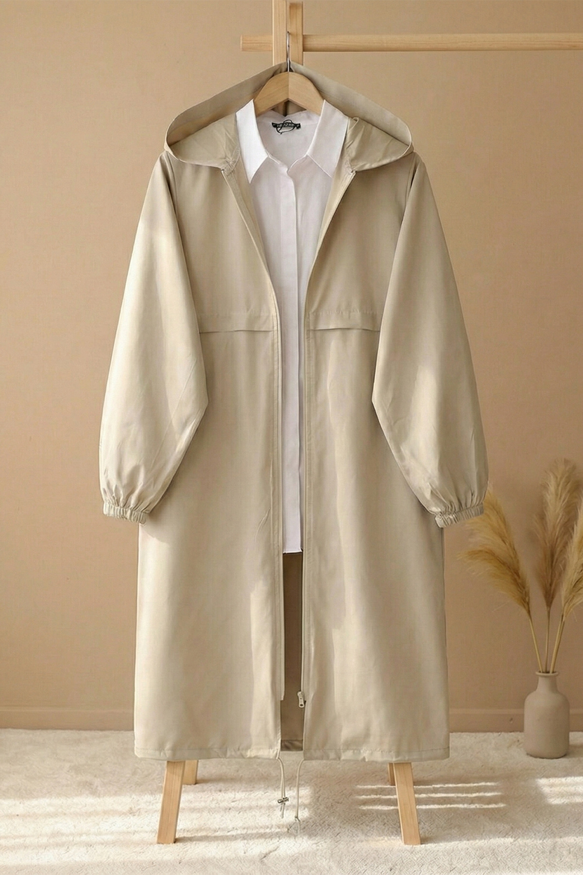 Longitudinal Zippered Hooded Raincoat - Stone