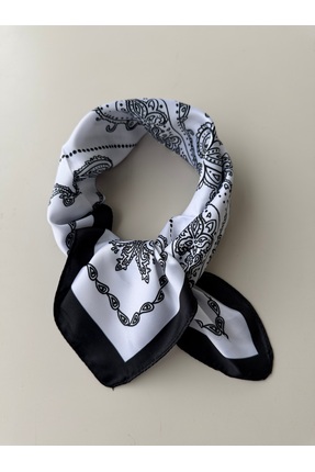 who knows ¿ Siyah Beyaz Desenli Fular Bandana 50x50 cm Kadın Giyim Aksesuar